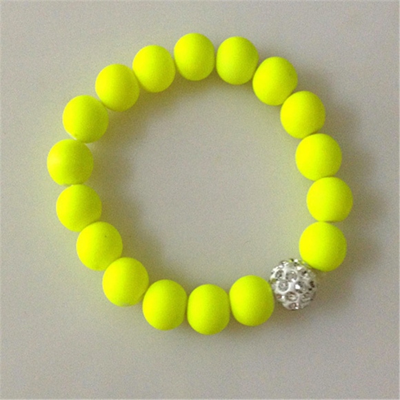 Neon Yellow Ball Shamballa Stretch Bracelet Unisex - Picture 2 of 8